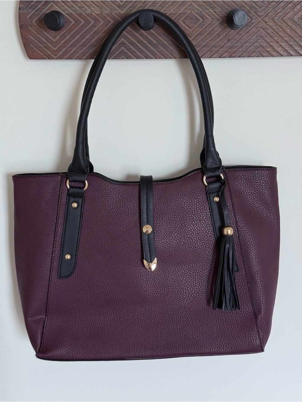 Purple Plum Black Pebbled Leather Tassel Tote Purse